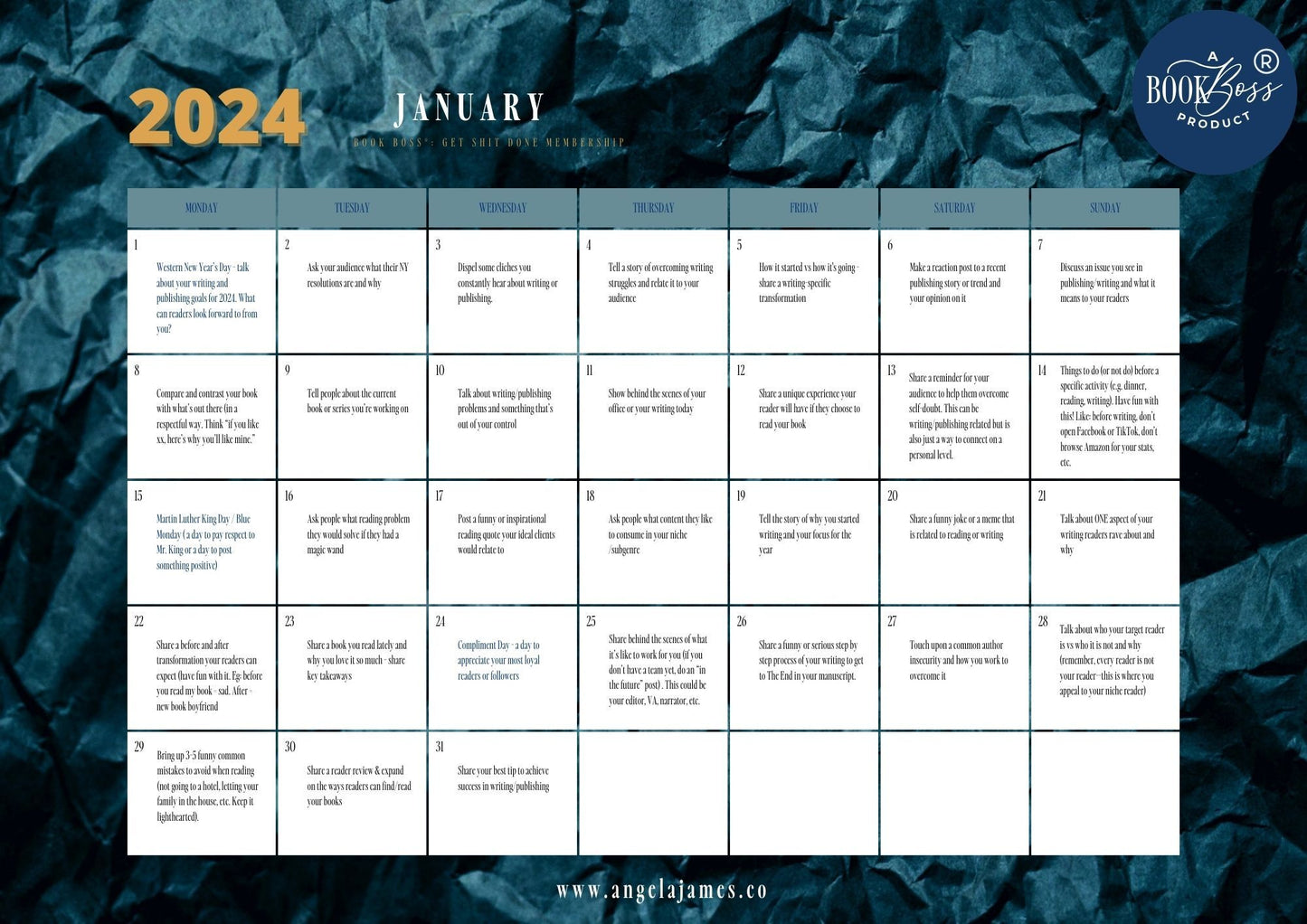 A calendar month for January 2024 showing 31 days of social media prompts