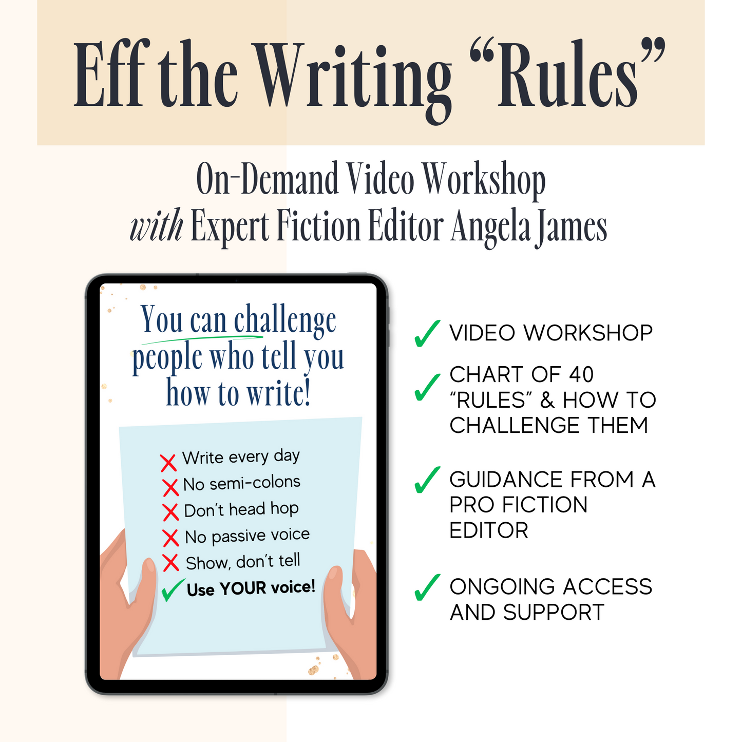 Promotional graphic for a writing workshop titled "Eff the Writing 'Rules'", featuring a checklist and an image of a tablet displaying writing tips.