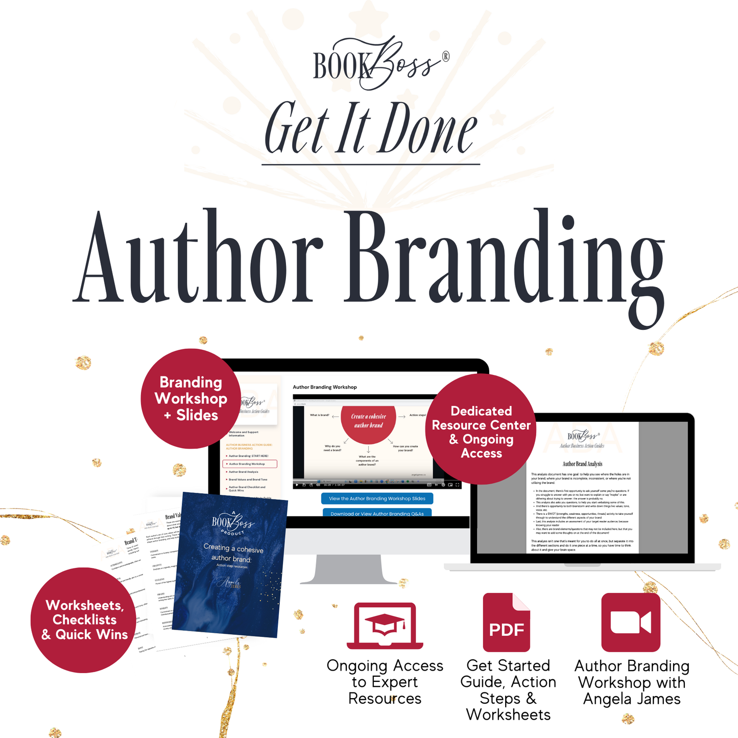 Promotional image for Book Boss' "Get It Done Author Branding" workshop, including branding slides, resources, and worksheets.