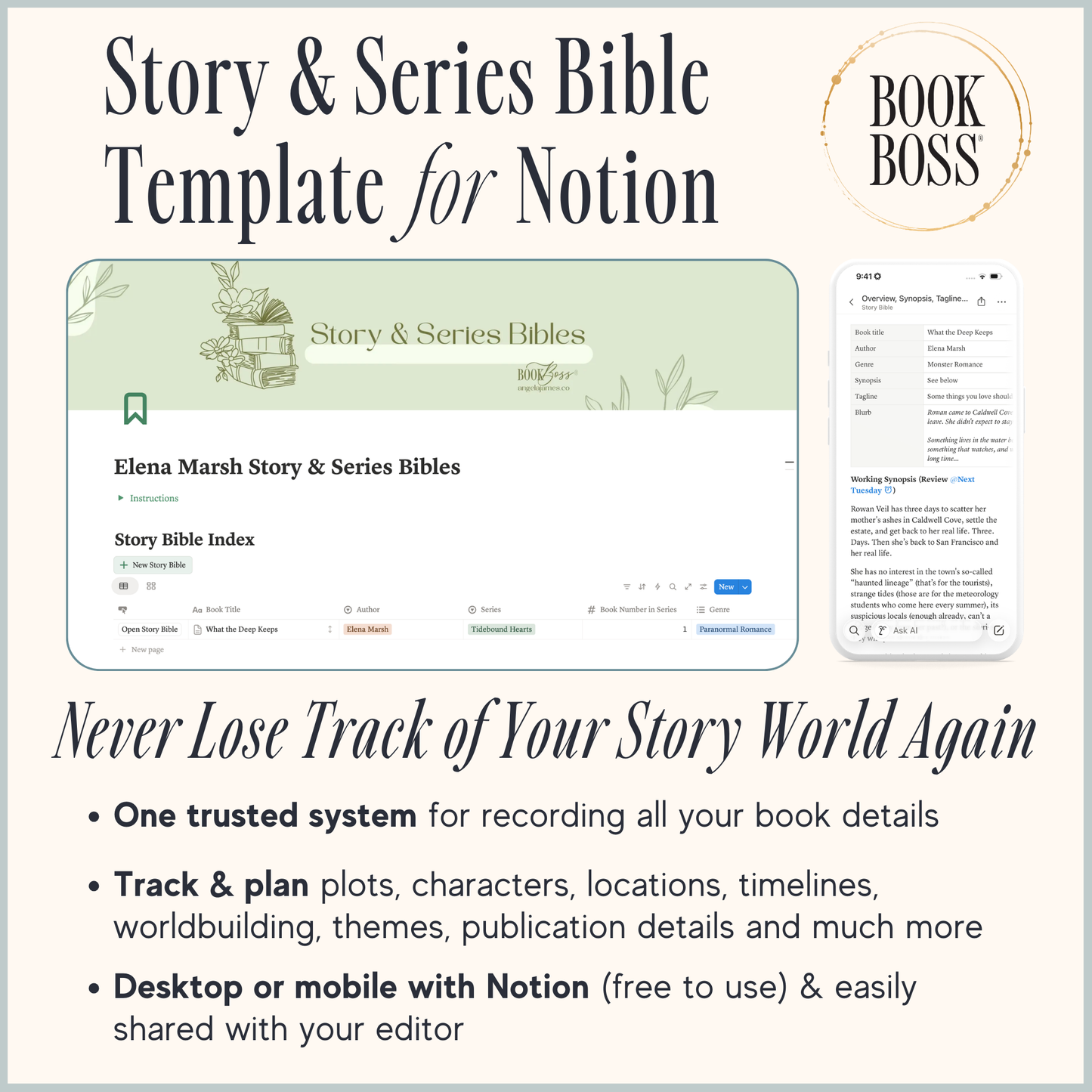 Story & Series Bible Template for Notion with interface and branding details.