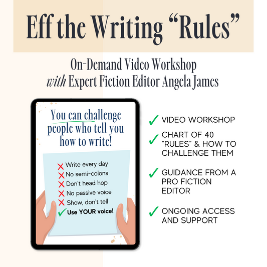 Promotional graphic for a writing workshop titled "Eff the Writing 'Rules'", featuring a checklist and an image of a tablet displaying writing tips.