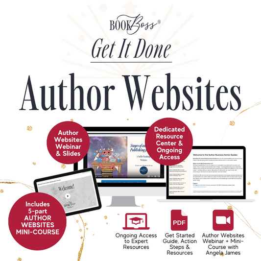 Promotional graphic for Book Boss' "Get It Done Author Websites" course, featuring a mini-course, resources, and webinars.