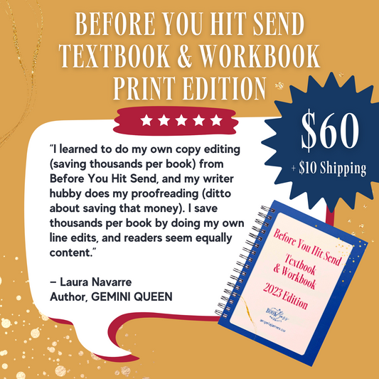 Promotional graphic for "Before You Hit Send Textbook & Workbook Print Edition," priced at $60 plus shipping, with a customer testimonial.