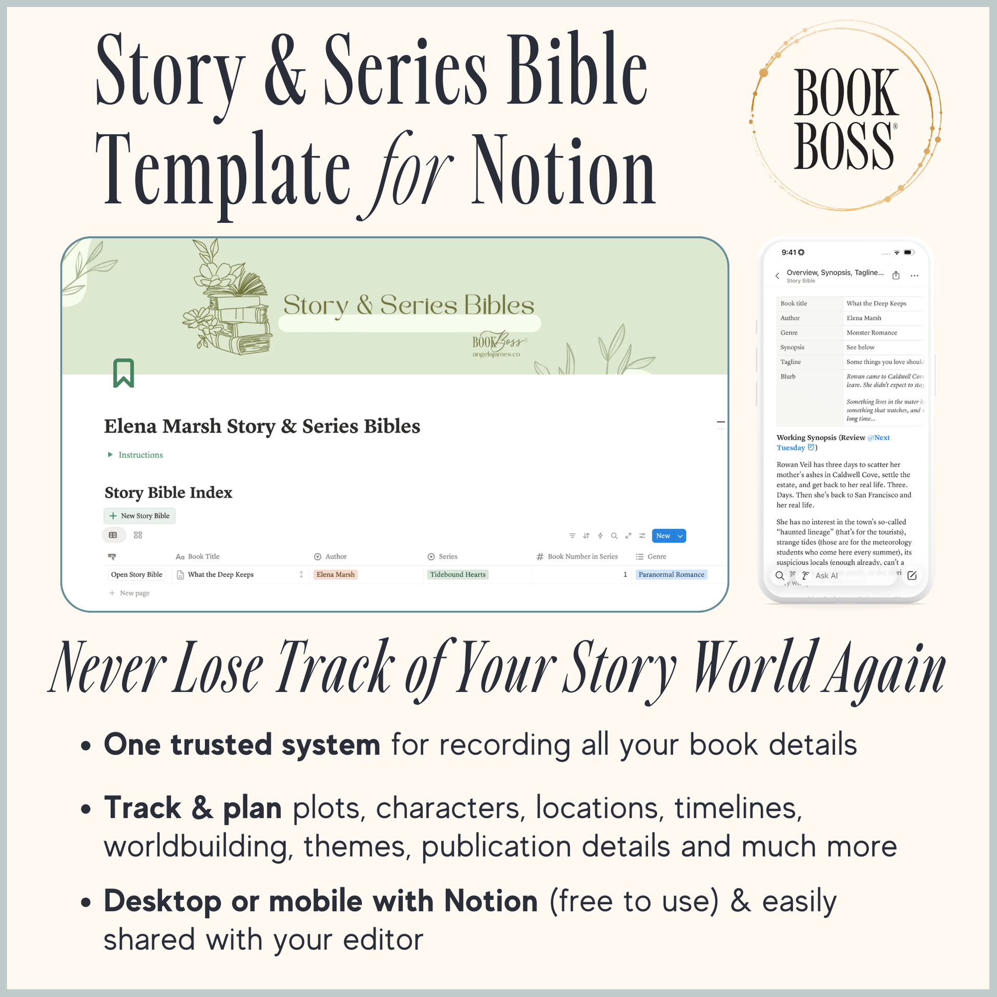 Story & Series Bible Template for Notion with interface and branding details.