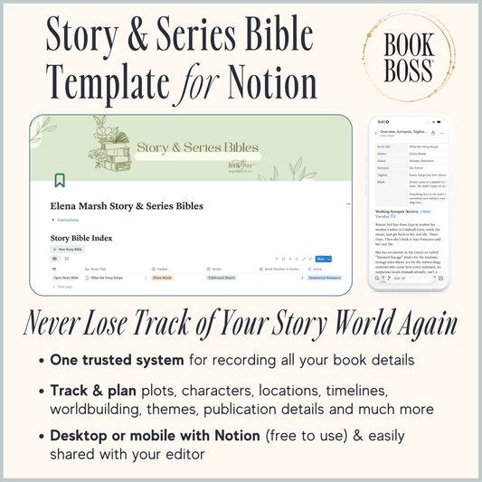 Story & Series Bible Template for Notion with interface and branding details.